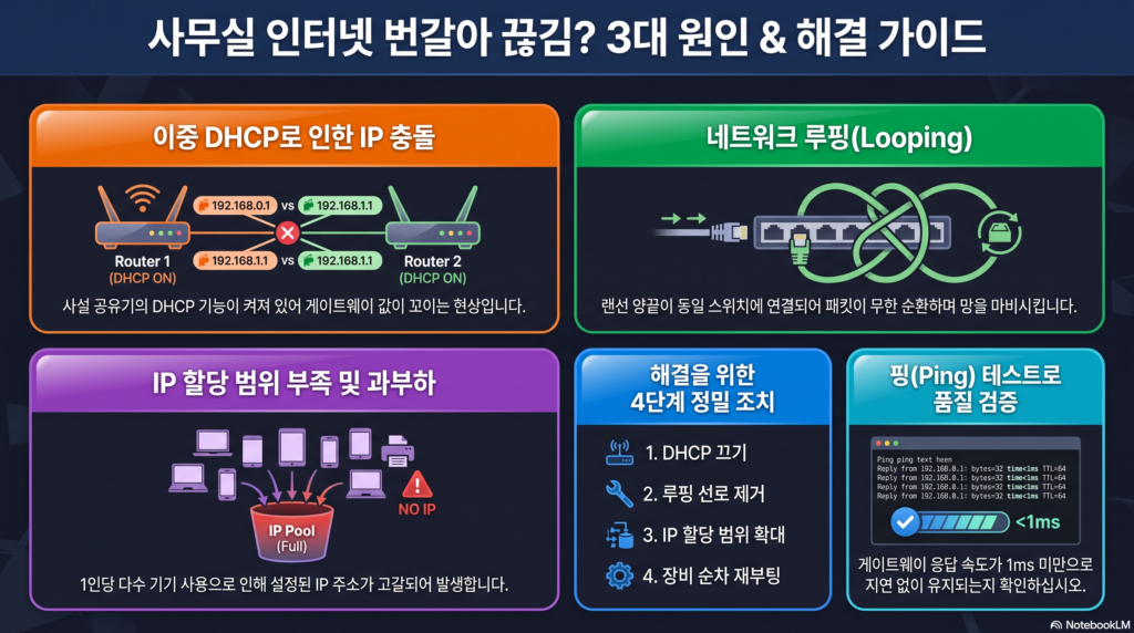 사무실 인터넷 장애 해결 가이드 [사무실 인터넷 끊김] 번갈아 끊기는 네트워크 먹통 현상 원인 3가지와 해결 방법 Guide