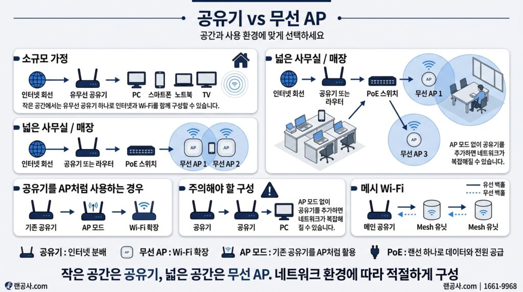 Gemini Generated Image w2k4gjw2k4gjw2k4 유무선 공유기 vs 무선 AP 차이점 총정리! 사무실·매장용 선택 가이드 (3분 요약)
